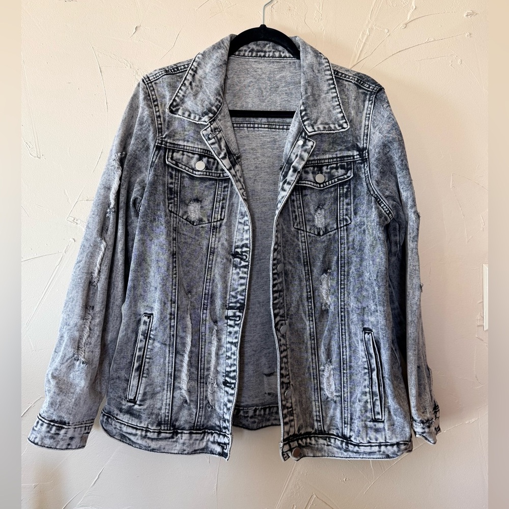 Women's Distressed Denim Jacket - black/gray denim acid wash - large